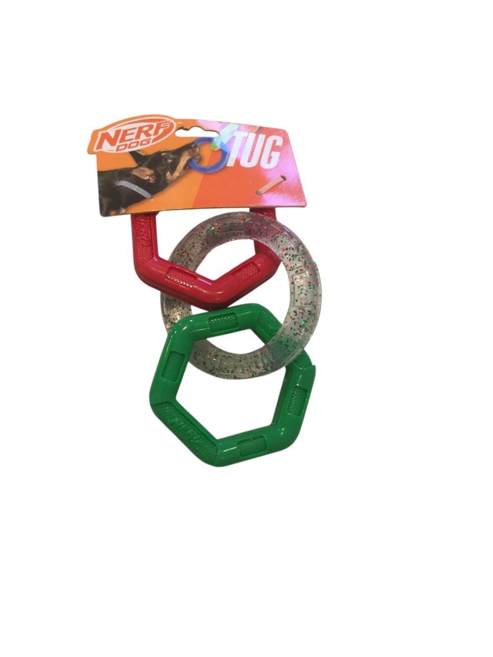 NERF DOG Tug 3 Ring Holiday Glitter Dog Pull Toy Red Clear Green 4 1/2" Rings